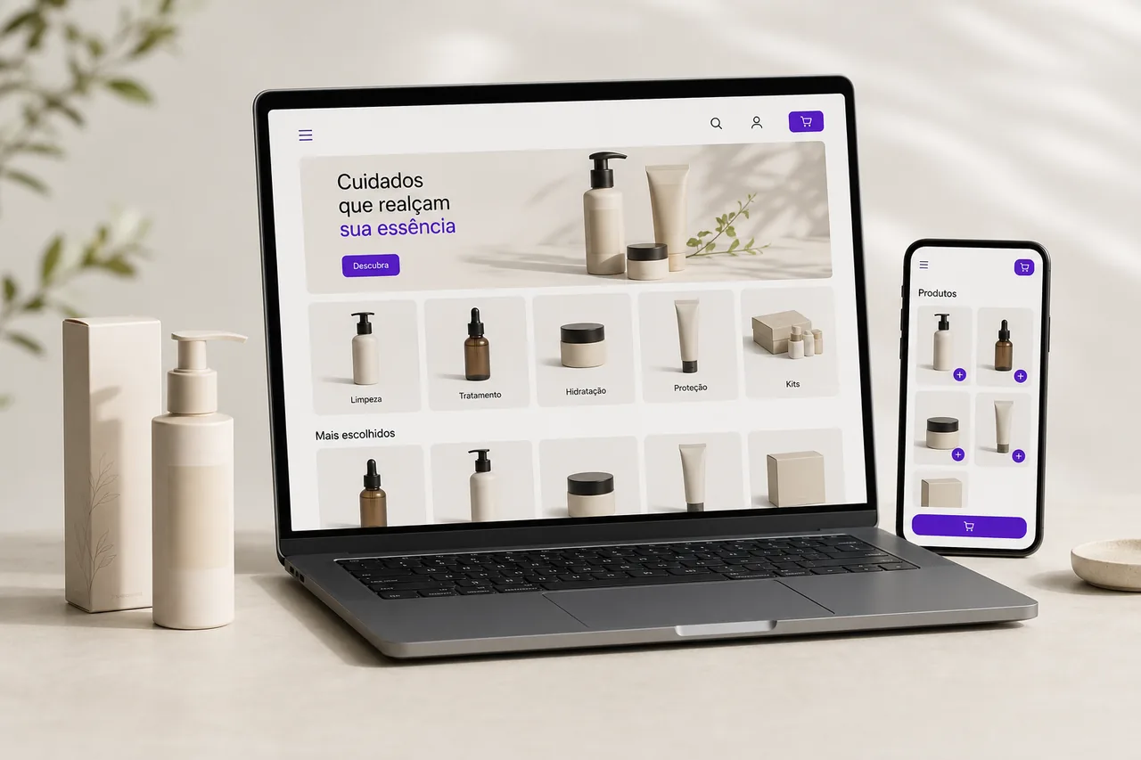 Cena ilustrativa de uma loja online com produtos, celular e embalagens.
